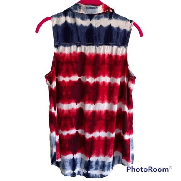 Rock & Republic Ladies Red, White and Blue Tie-Dye Sleeveless‎ Button Up, M - Picture 2 of 4